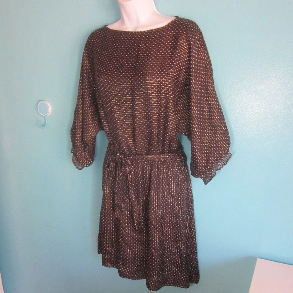 Alice Ritter 2 Women Dress Silk L Brown Gold Metallic Stripe Raglan Pleated